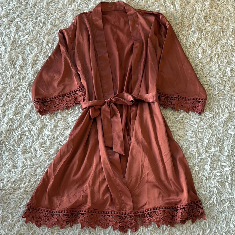 Elegant Lace Trim Robe - Rust/Terracotta